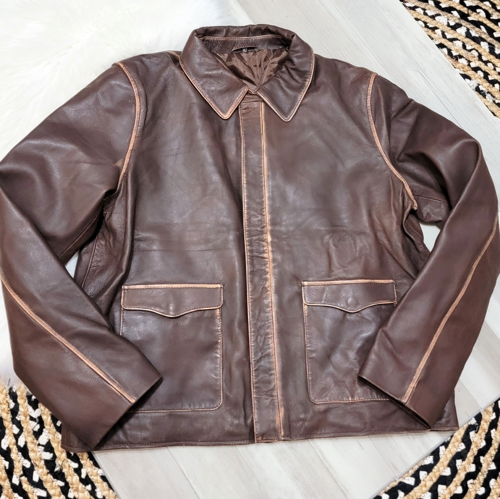 Vintage Leather Bomber Motorcycle Jacket Distressed Brown Mens Size XL